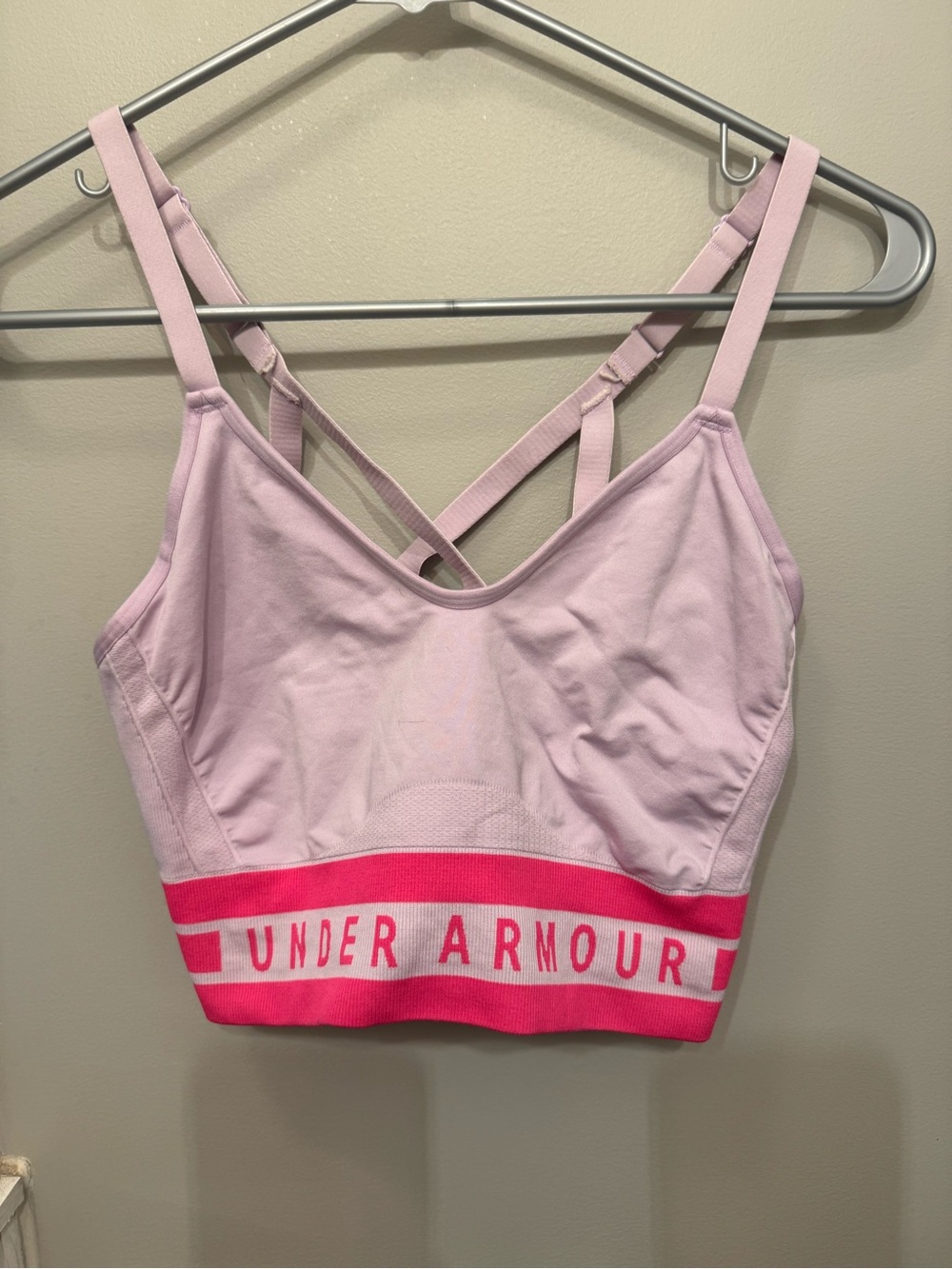 Under Armour Light Pink Sports Bra with Hot Pink Logo Band